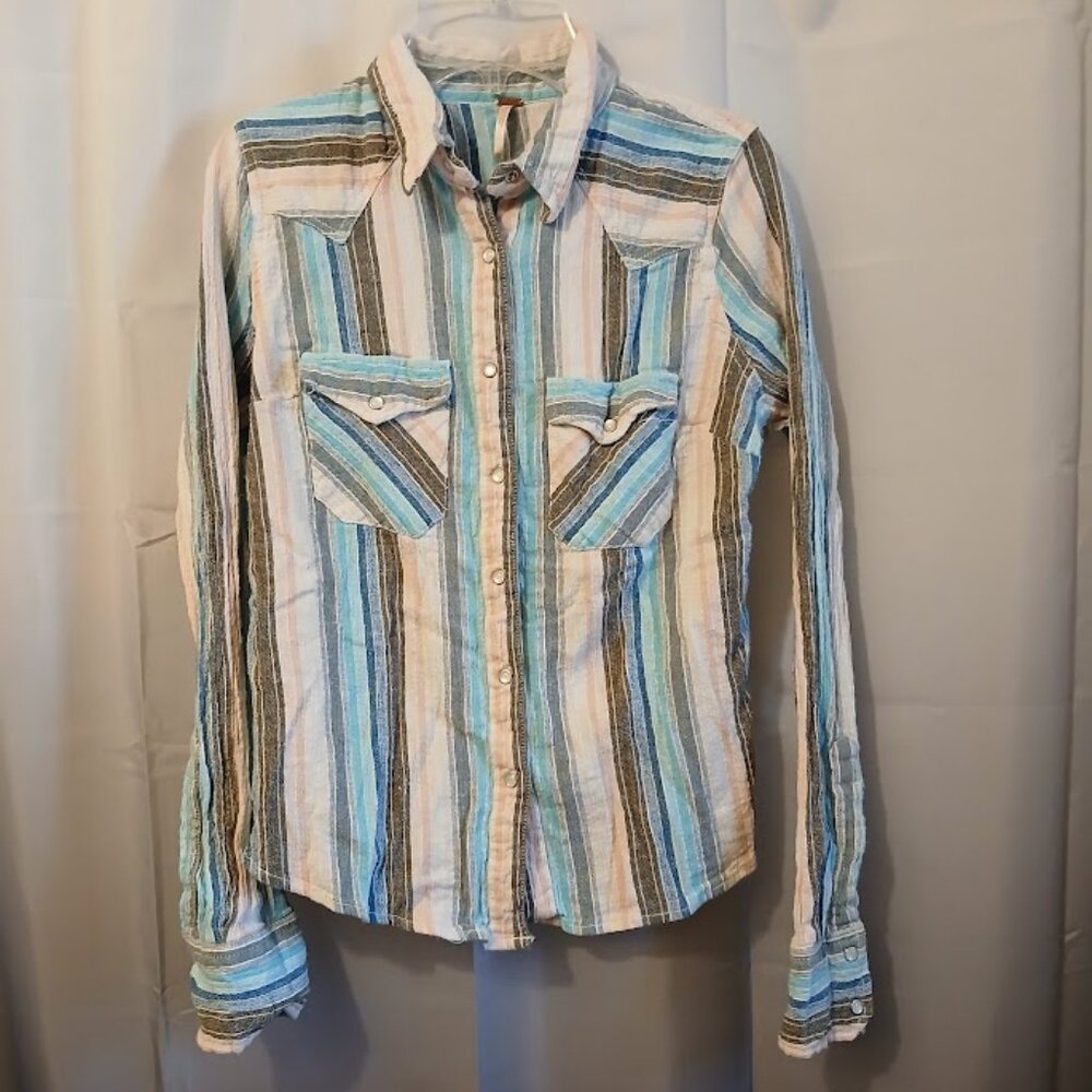 FREE PEOPLE Snap Up Shirt XS Blue Peach Gray Ivory Linen Blend Boho Long sleeve